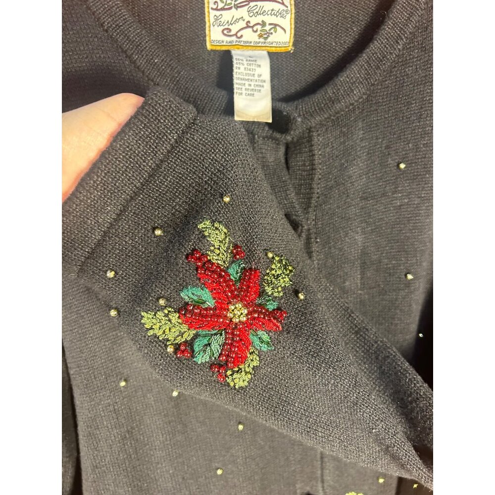 Heirloom Collectibles Womens L Black Cardigan Floral Embroidery Ramie & Cotton - Picture 7 of 11
